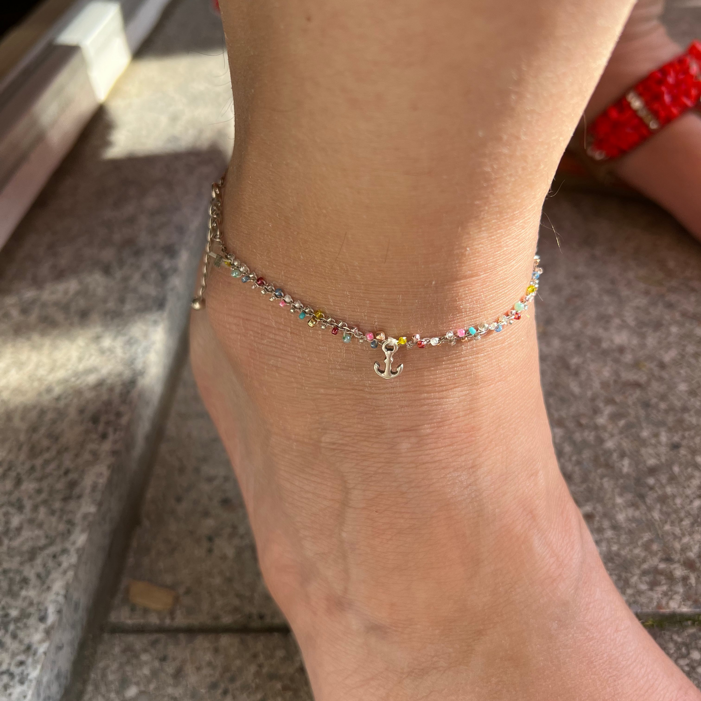 handgemachtes zartes Silber Fusskettchen - bunt mit Anker Charm - bohostyle 