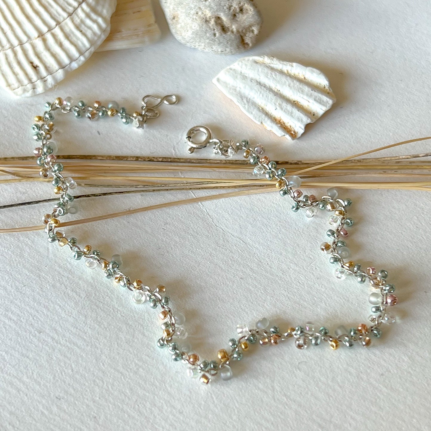 Silber Armband Damen handgemacht - SEAGRASS Glasperlen Armband