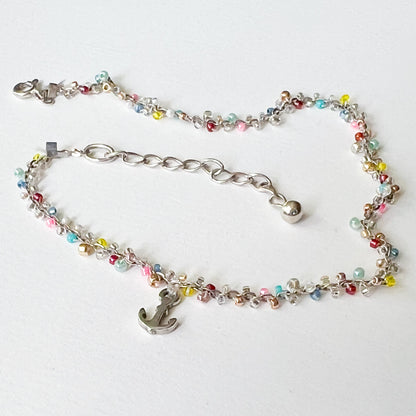 handgemachtes zartes Silber Fusskettchen -bunt mit Anker Charm - bohostyle