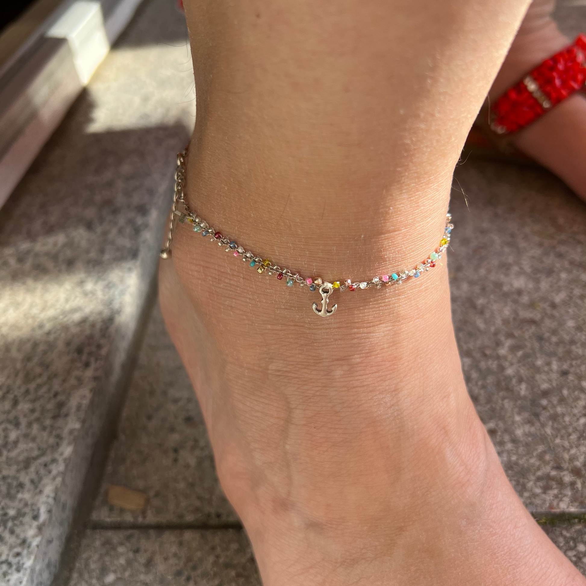 handgemachtes zartes Silber Fusskettchen - &nbsp;bunt mit Anker Charm &nbsp;- bohostyle&nbsp;
