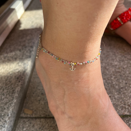 handgemachtes zartes Silber Fusskettchen - &nbsp;bunt mit Anker Charm &nbsp;- bohostyle&nbsp;