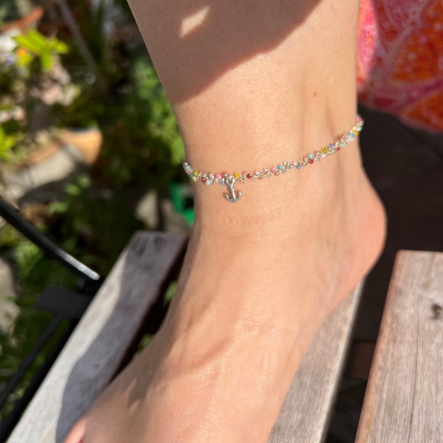 handgemachtes zartes Silber Fusskettchen - &nbsp;bunt mit Anker Charm &nbsp;- bohostyle&nbsp;