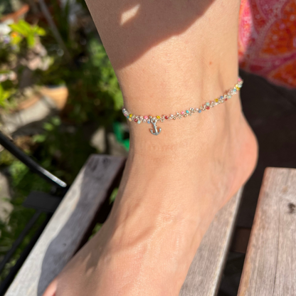handgemachtes zartes Silber Fusskettchen - &nbsp;bunt mit Anker Charm &nbsp;- bohostyle&nbsp;
